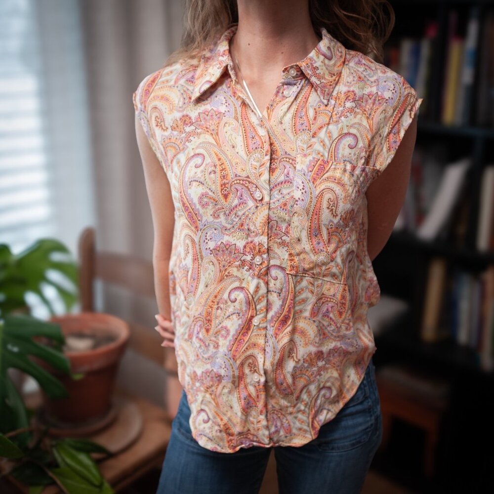 MNG Paisley Button Blouse S Boho Lightweight Butter Yellow Feminine Summer Top